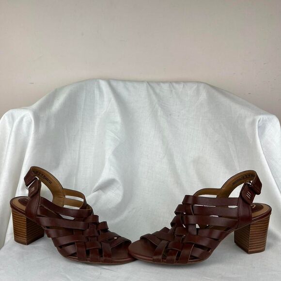 Clarks Artisan Woven Brown Leather Sandals Block Heel Earthy Neutral Size 8 M - Picture 1 of 5